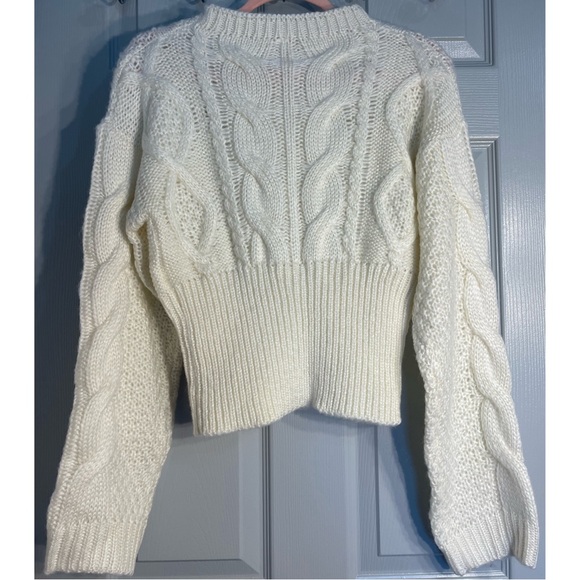 Anthropologie RAGA Kelyn Cropped Cable-Knit Sweater Pullover Ivory NWT SZ L - Picture 7 of 16